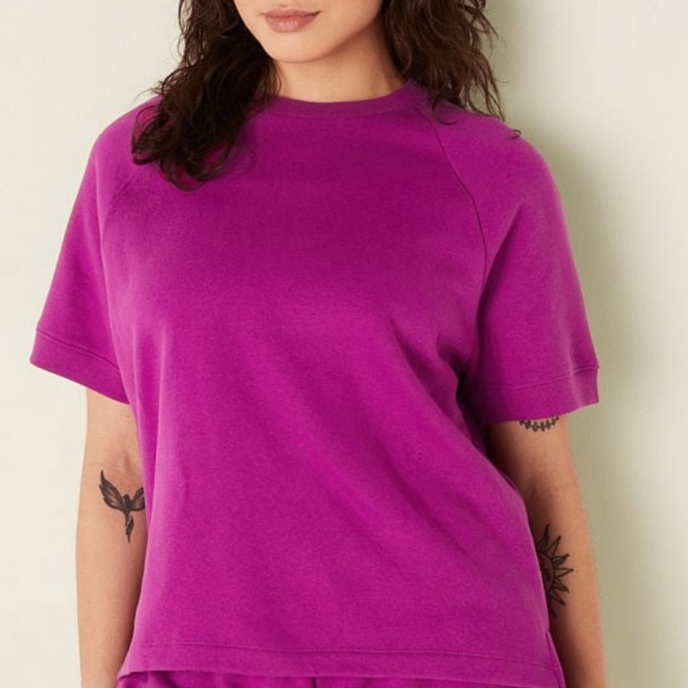 🩷PINK Magenta Short-Sleeve Fleece-Lined Relaxed Crewneck